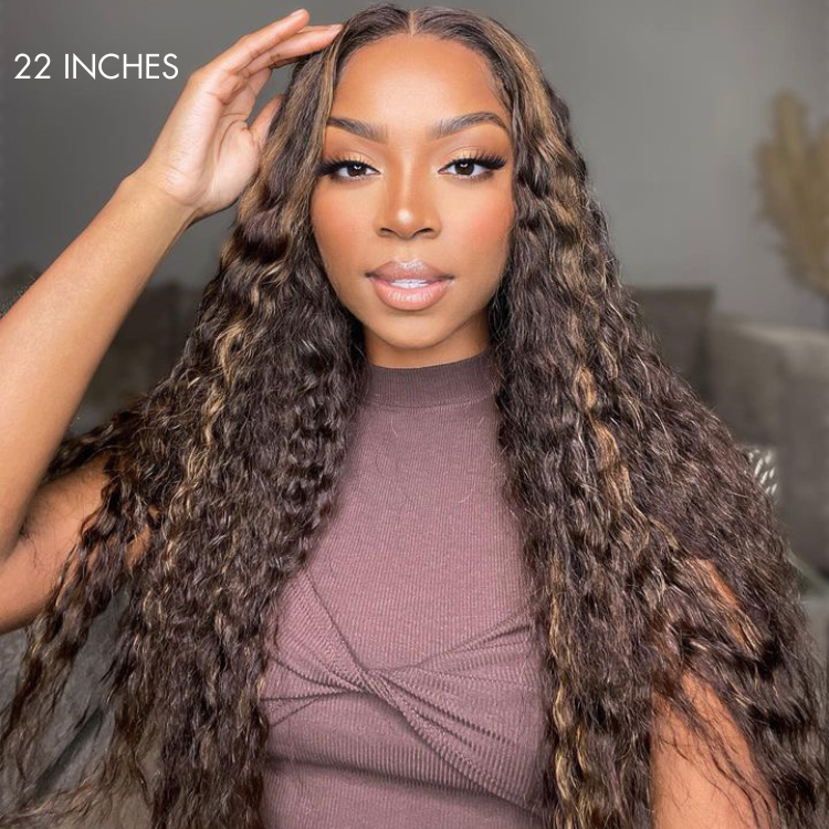 Boho-Chic | Chestnut Brown Highlights Bohemian Curly 5×5 Closure Lace Glueless Mid Part Long Wig 100% Human Hair