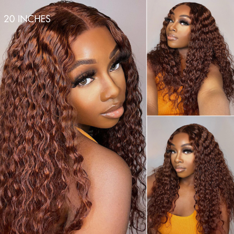 Special Deal | Casual Reddish Brown Curly 5x5 Closure Lace Glueless Mid Part Long Wig 100% Human Hair