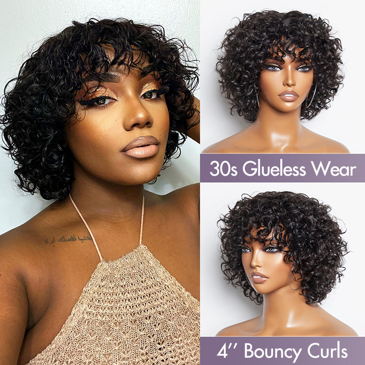 Beginner Friendly Trendy Water Wave Light Weight Glueless Short Cut Wig with Bangs | Not Sold Separately