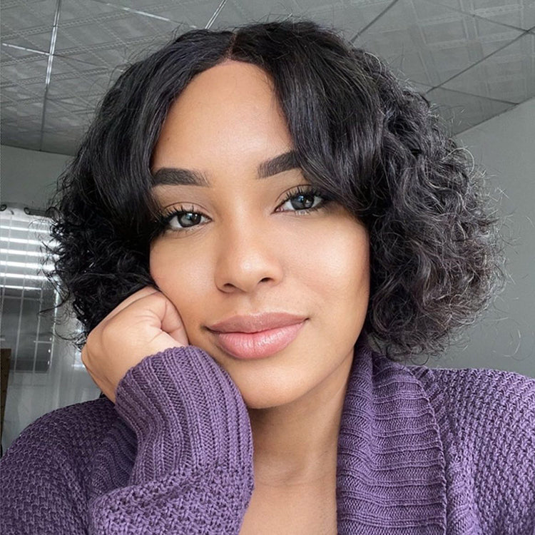 Casual Bouncy Curly 4x4 Closure Lace Glueless Short Wig with Bangs 100% Human Hair | Face-Framing