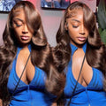 Layered Bangs Chestnut Brown Loose Wave 5x5 Closure Lace Glueless Mid Part Long Wig 100% Human Hair