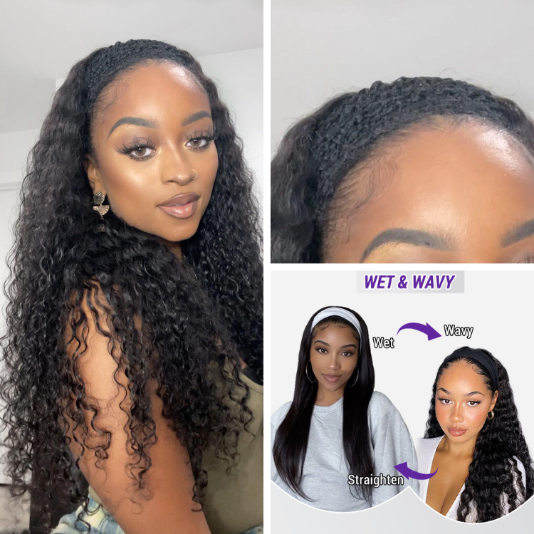 Wet And Wavy | Throw On & Go Water Wave Glueless Long Headband Wig 100% Human Hair (Get Free Trendy Headbands)