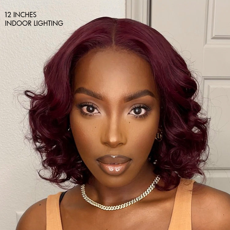 Dark Plum Loose Wave Minimalist HD Lace Glueless Mid Part Short Wig 100% Human Hair