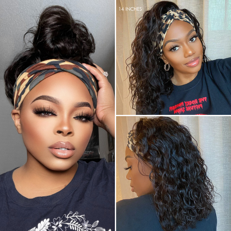 Natural Black Loose Deep Wave No Lace Glueless Free Part Headband Wig 100% Human Hair (Get Free Trendy Headbands)