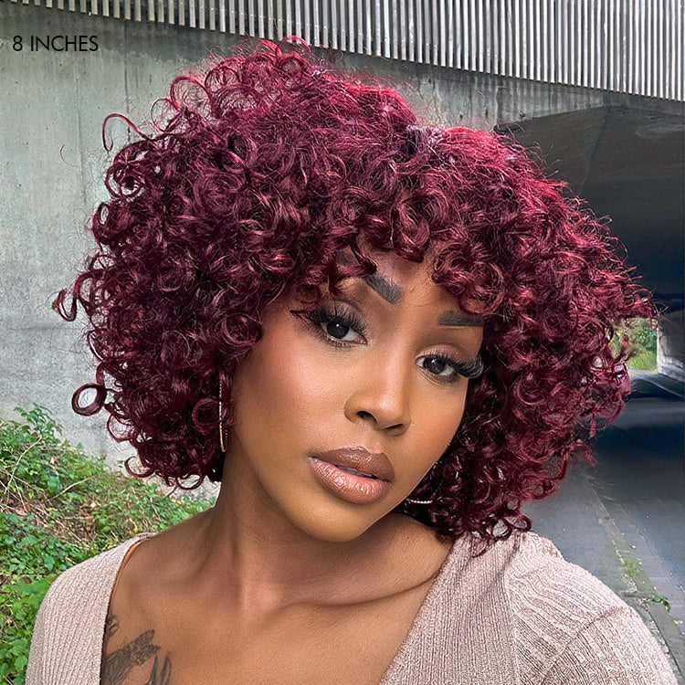 Light Weight Short Cut Water Wave Glueless Minimalist Lace Wig with Curly Bangs