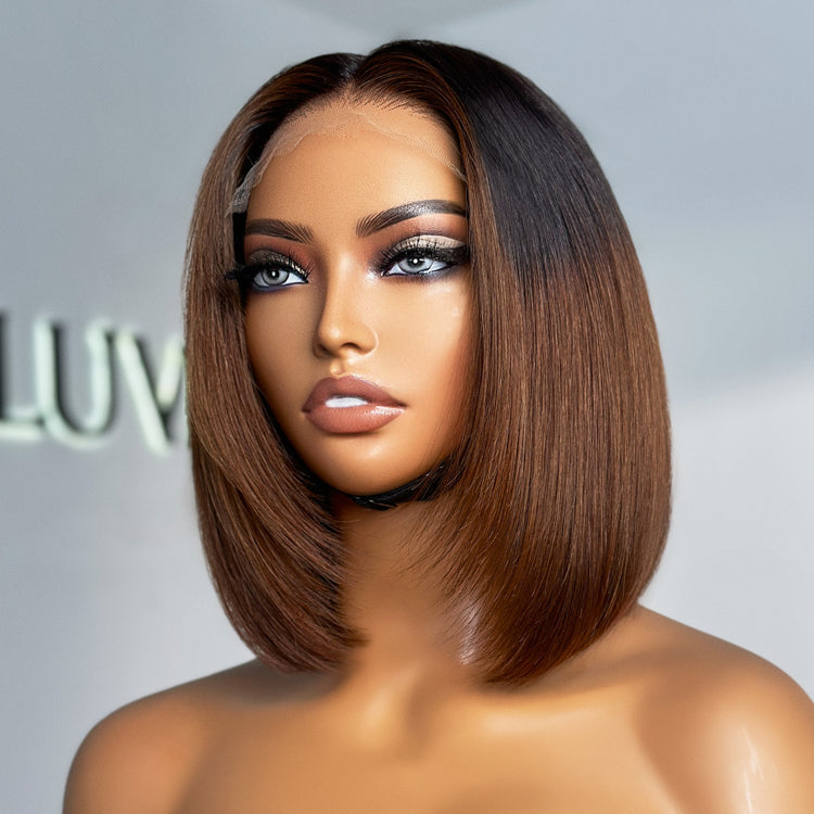 Limited Design | Dark Red / Brown Ombre Highlight Silky Layered Cut Glueless 5x5 Closure HD Lace Short Bob Wig