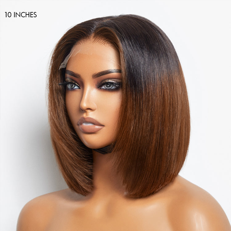 Limited Design | Dark Red / Brown Ombre Highlight Silky Layered Cut Glueless 5x5 Closure HD Lace Short Bob Wig