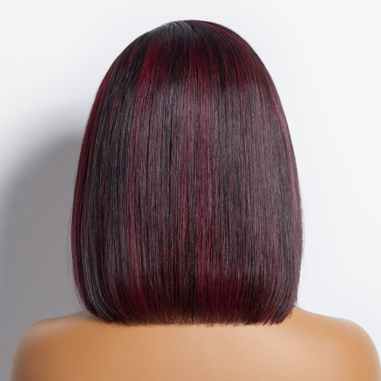 VIP Price | Dark Red Highlights Silky Blunt Cut C part Glueless Minimalist Lace Bob Wig Beginner Friendly