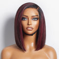 VIP Price | Dark Red Highlights Silky Blunt Cut C part Glueless Minimalist Lace Bob Wig Beginner Friendly