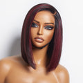 Dark Red Highlights Silky Blunt Cut C Part Glueless Minimalist Lace Bob Wig Beginner Friendly