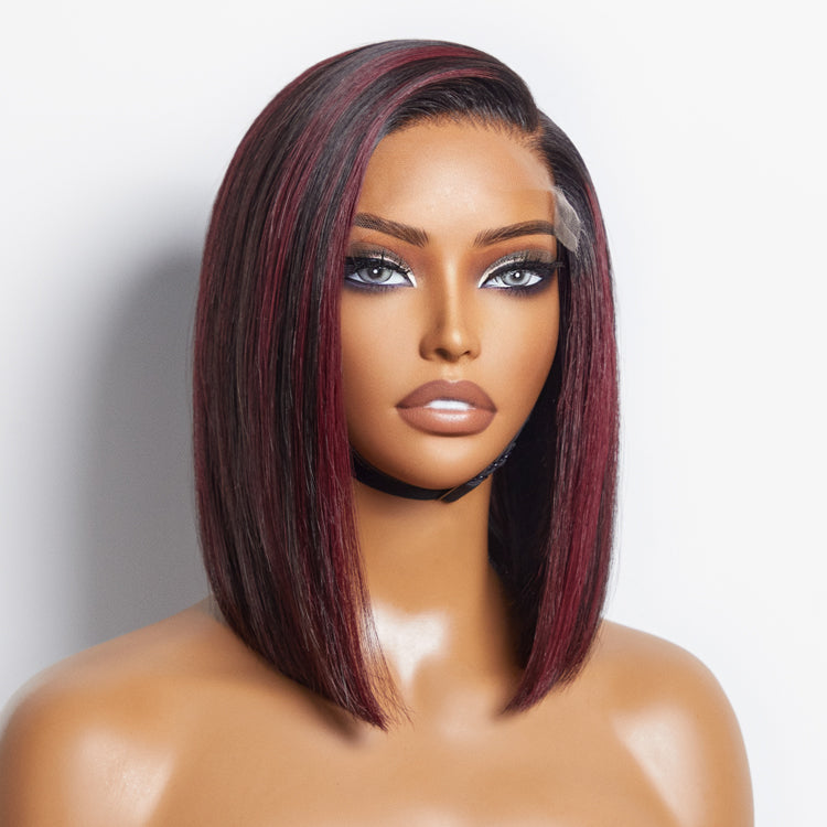 Dark Red Highlights Silky Blunt Cut C Part Glueless Minimalist Lace Bob Wig Beginner Friendly