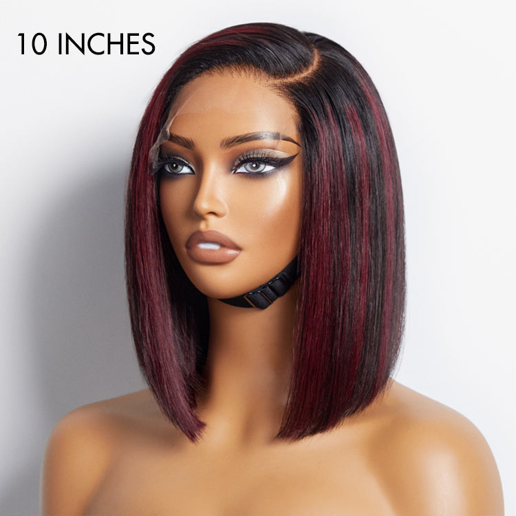 Dark Red Highlights Silky Blunt Cut C Part Glueless Minimalist Lace Bob Wig Beginner Friendly