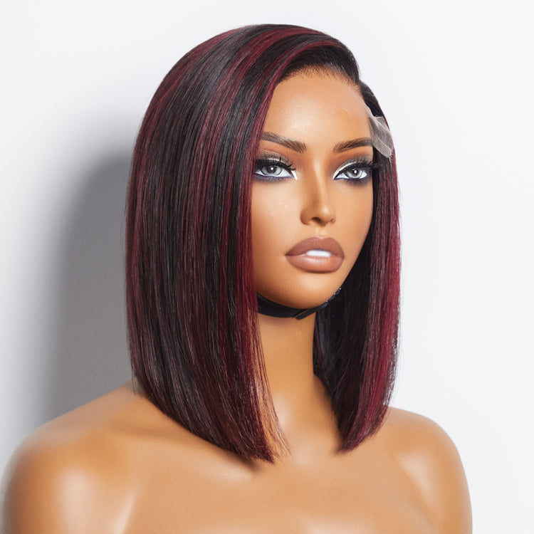 VIP Price | Dark Red Highlights Silky Blunt Cut C part Glueless Minimalist Lace Bob Wig Beginner Friendly