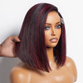 Dark Red Highlights Silky Blunt Cut C Part Glueless Minimalist Lace Bob Wig Beginner Friendly