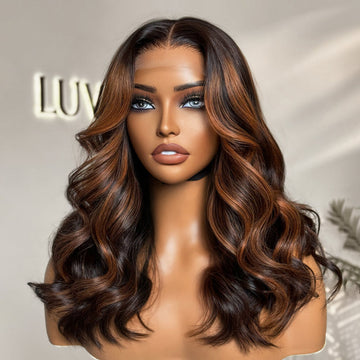 Elegant Copper Ombre Highlights Loose Body Wave / Silky Straight Glueless 5x5 Closure Lace Wig Breathable Cap