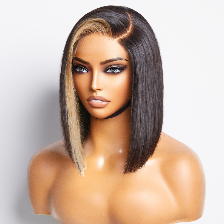 Points Rewards | Blonde Highlight Bob With Bangs C Part Glueless Minimalist Lace Wig