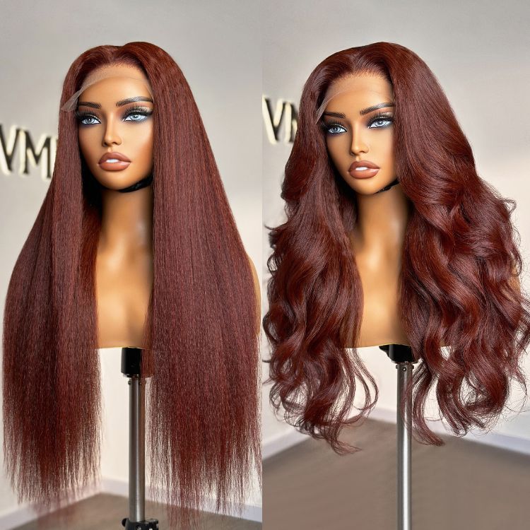 Realistic Reddish Brown Kinky Straight Glueless 5x5 Closure Lace Wig for All Skin Tones