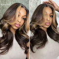 Breathable Cap Brown Highlight Loose Wave Glueless 5x5 Closure HD Lace Wig with Curtain Bangs