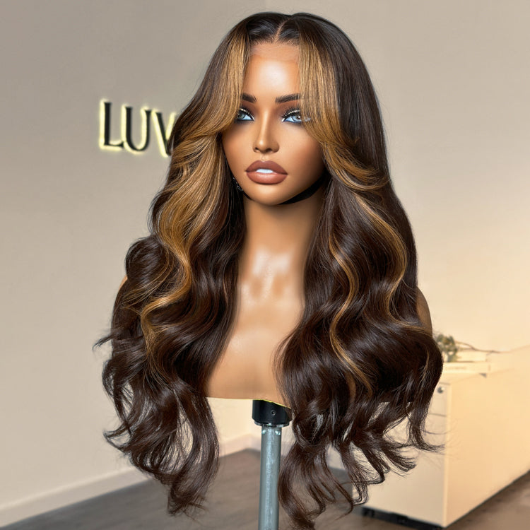 Breathable Cap Brown Highlight Loose Wave Glueless 5x5 Closure HD Lace Wig with Curtain Bangs