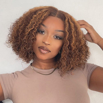 Points Rewards | Mix Color Brown Curly Bob Wig Glueless 13x4 Lace Front Short Wig 100% Human Hair