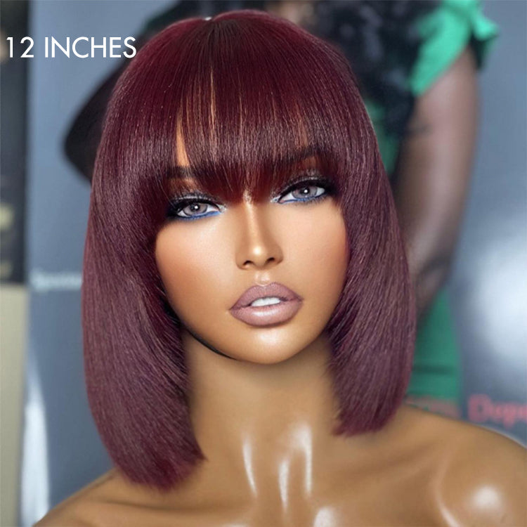 Put On and Go Reddish Purple / Brown Highlight / Natural Black Layered Cut Yaki Straight Minimalist Lace Bob Wig with Bangs