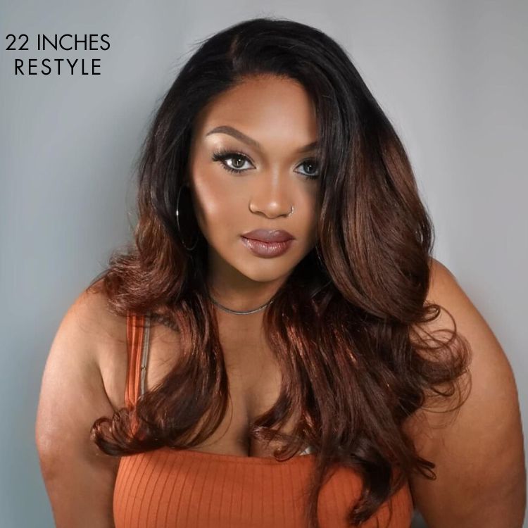 4C Edges | Kinky Edges Black to Brown Ombre Kinky Straight 5x5 Closure Lace Glueless Side Part Long Wig