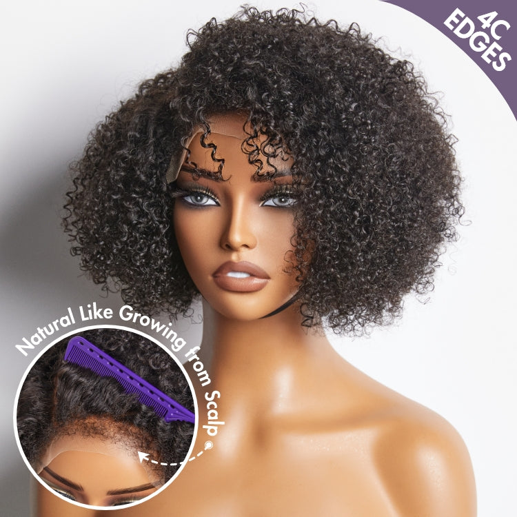 Points Rewards | 4C Edges | Kinky Edges Jerry Curly 5x5 Closure Lace Glueless Side Part Short Wig 100% Human Hair