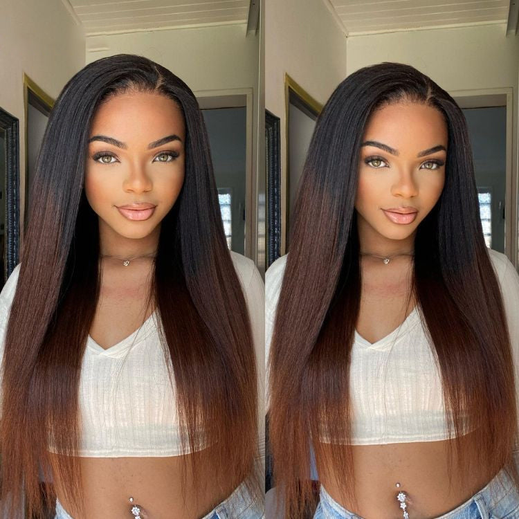 Win Back | 4C Edges | Natural Black / Ombre Brown Kinky Edges Kinky Straight 5x5 Closure Glueless Long Wig