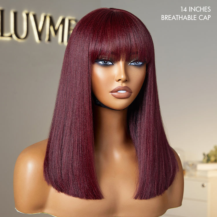 Exclusive Discount Offer | Put On and Go Realistic Glueless Yaki Straight Bob with Bangs Minimalist Lace Wig 100% Human Hair