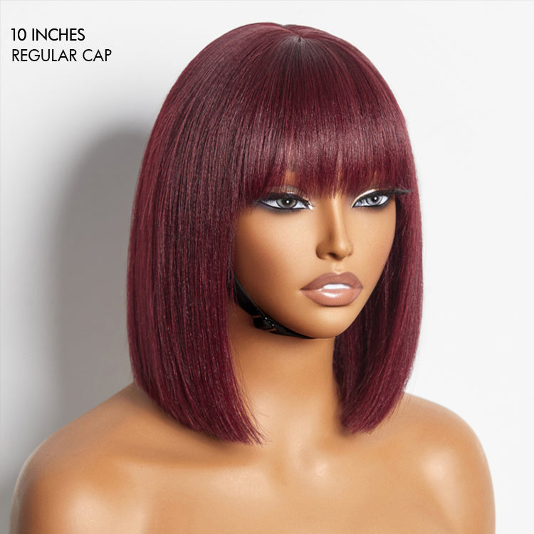 Exclusive Discount Offer | Put On and Go Realistic Glueless Yaki Straight Bob with Bangs Minimalist Lace Wig 100% Human Hair