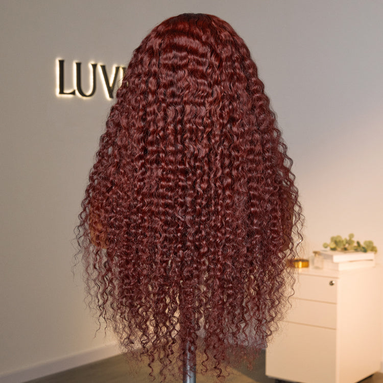 Dark Reddish Brown Fluffy Deep Wave Glueless 5x5 Closure Lace Wig