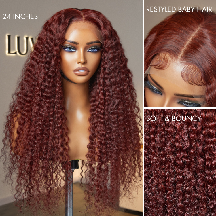 Dark Reddish Brown Fluffy Deep Wave Glueless 5x5 Closure Lace Wig