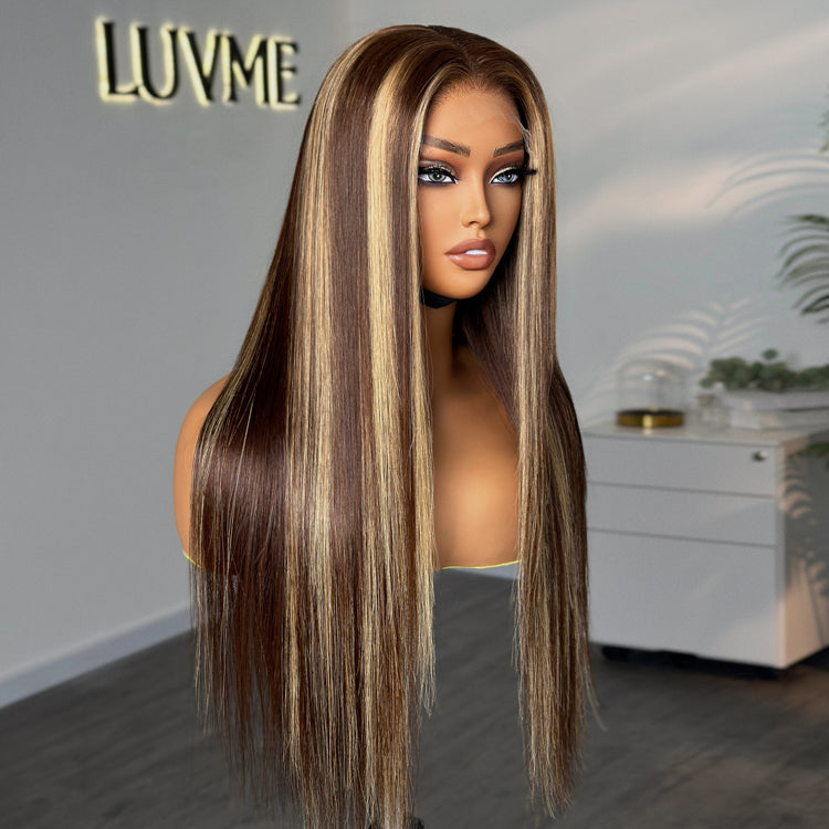 Honey Blonde Highlight Silky Straight Glueless 5x5 Closure HD Transparent Lace Long Wig