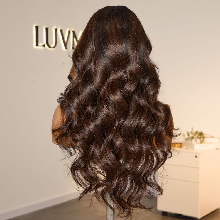 Breathable Cap Brown Highlight Loose Wave Glueless 5x5 Closure HD Lace Wig with Curtain Bangs