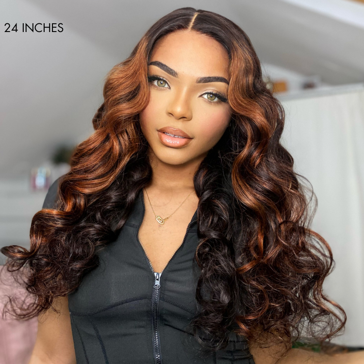 VIP Price | Elegant Copper Ombre Highlights Loose Body Wave Glueless 5x5 Closure Lace Wig Breathable Cap