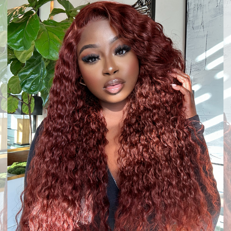 Dark Reddish Brown Fluffy Deep Wave Glueless 5x5 Closure Lace Wig