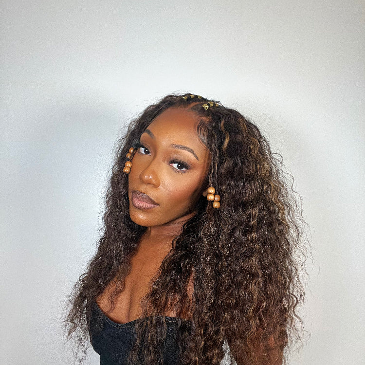 Points Rewards | Boho-Chic | Chestnut Brown Highlights Bohemian Curly 5×5 Closure Lace Glueless Mid Part Long Wig 100% Human Hair