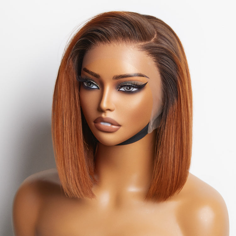 Ginger Ombre Silky Blunt Cut Glueless 13x4 Lace Front Short Bob Wig 100% Human Hair