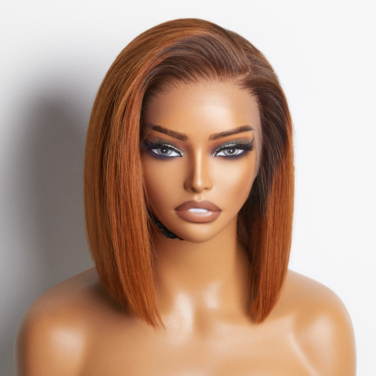 Ginger Ombre Silky Blunt Cut Glueless 13x4 Lace Front Short Bob Wig 100% Human Hair