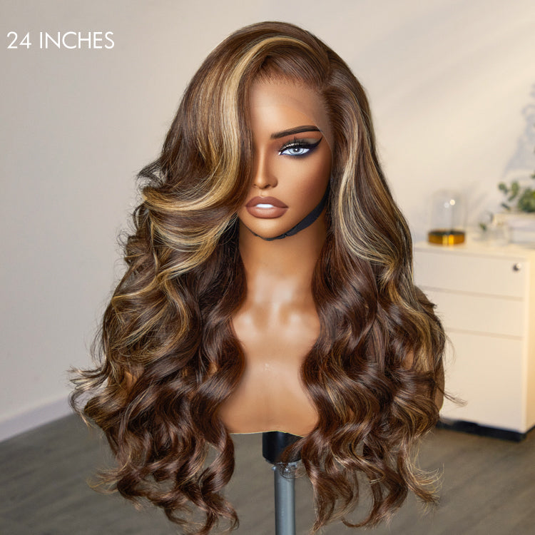 Honey Blonde Highlight / Natural Black Loose Body Wave Glueless 13x4 Lace Front Wig 100% Human Hair