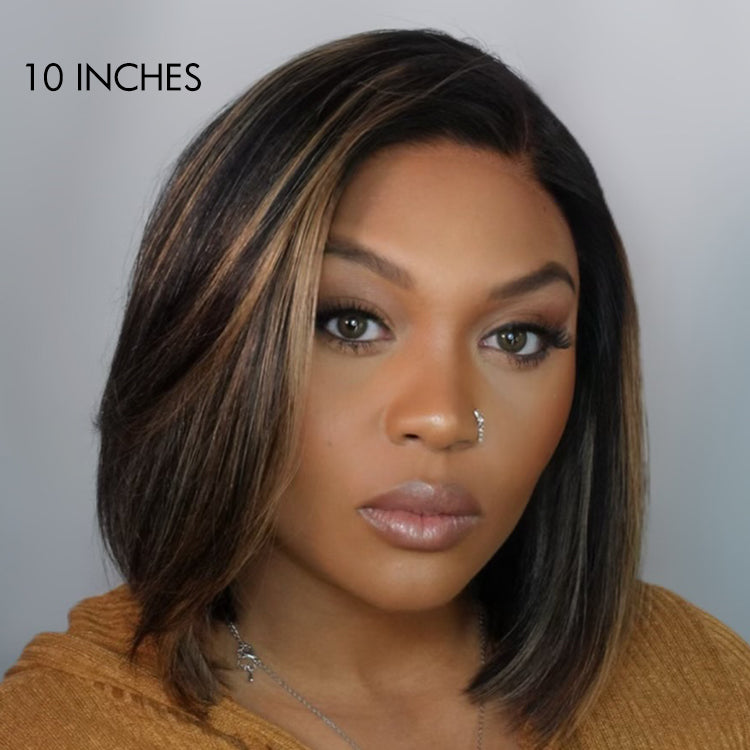 Super Natural C Part Natural Black / Blonde Highlight Glueless Lace Bob Wig 100% Human Hair | Fits All Face Shapes