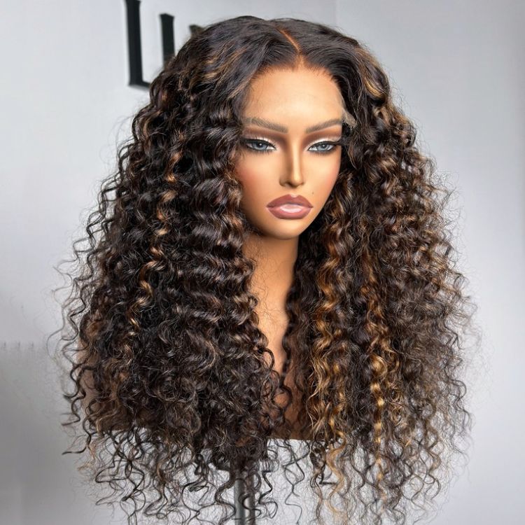 Parting Max Glueless Wig Chestnut Brown Highlights Funmi Curly 7x6 Closure HD Lace Wig Breathable Cap