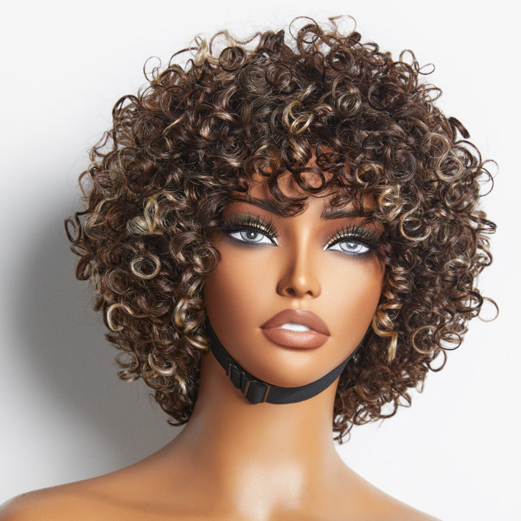 Throw On & Go Brown with Honey Blonde Highlights Glueless Short Curly Wig 100% Human Hair