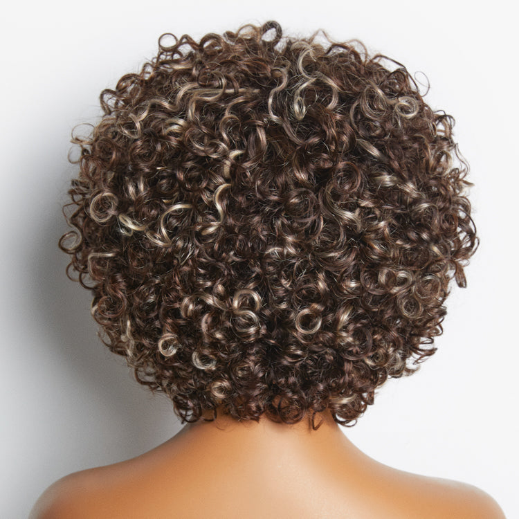 Throw On & Go Brown with Honey Blonde Highlights Glueless Short Curly Wig 100% Human Hair