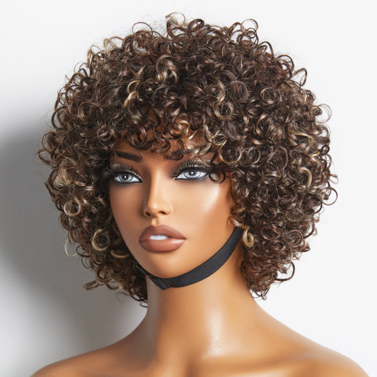 Throw On & Go Brown with Honey Blonde Highlights Glueless Short Curly Wig 100% Human Hair