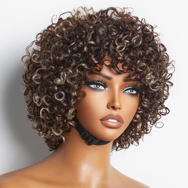 Throw On & Go Brown with Honey Blonde Highlights Glueless Short Curly Wig 100% Human Hair