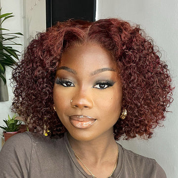 Dark Reddish Brown Water Wave Glueless 5x5 Closure Lace Short Curly Wig