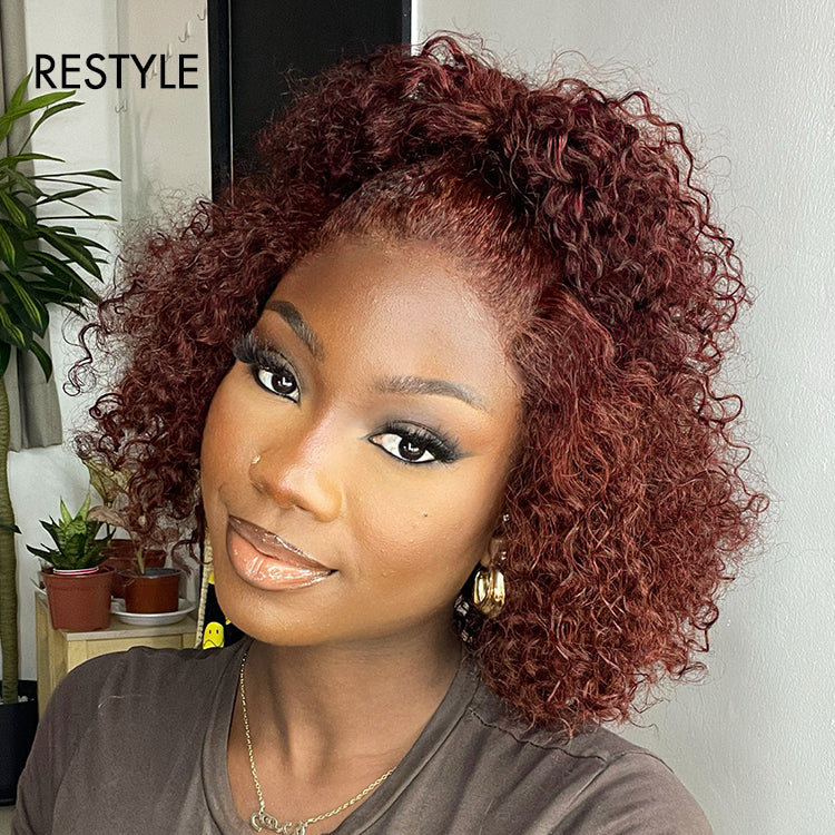 Dark Reddish Brown Water Wave Glueless 5x5 Closure Lace Short Curly Wig