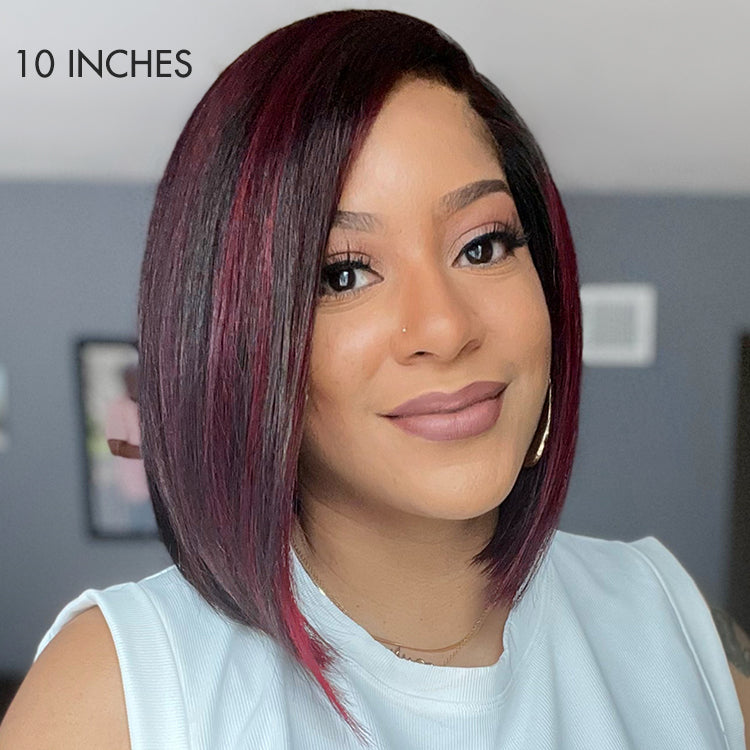 Dark Red Highlights Silky Blunt Cut C Part Glueless Minimalist Lace Bob Wig Beginner Friendly