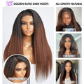 4C Edges | Kinky Edges Black to Brown Ombre Kinky Straight 5x5 Closure Lace Glueless Side Part Long Wig